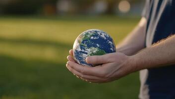 A person holds a globe in their hands, symbolizing care for the Earth. photo