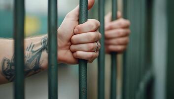 A hand gripping prison bars, symbolizing confinement and struggle. photo