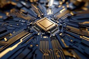 A close-up of a circuit board with a central processor, showcasing technology. photo