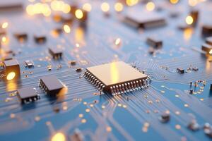Close-up of a circuit board with microchips and glowing lights. photo
