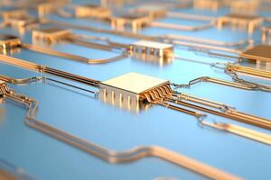 Close-up view of electronic circuits and microchips on a substrate. photo