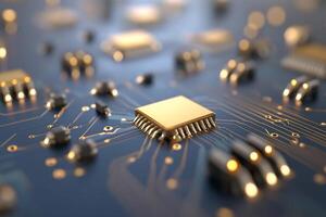 Close-up of a circuit board with microchips and connections. photo