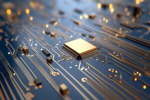 Close-up of a circuit board showcasing a microchip and connections. photo