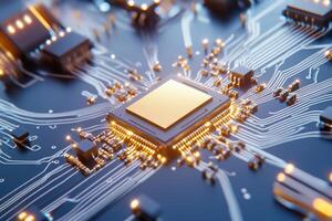 Close-up of a microchip with intricate circuit connections. photo