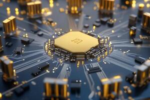 A close-up of a circuit board with a central hexagonal processor. photo