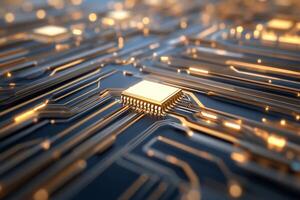 Close-up of a circuit board with intricate pathways and a microchip. photo