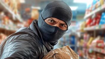 A masked individual appears to be stealing groceries in a store. photo