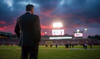 A man in a suit watches a football field during a dramatic sunset. photo