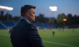 A man in a suit observes a soccer game at dusk. photo