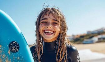 Happy child with a surfboard at the beach, enjoying a sunny day. photo