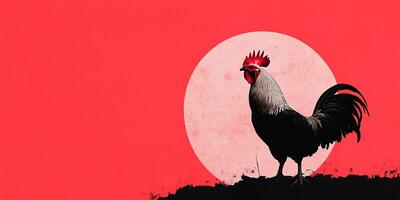 A silhouette of a rooster against a red background and large sun. photo