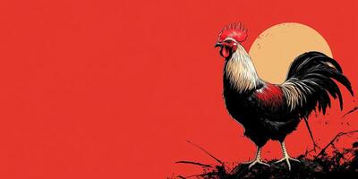 A stylized rooster stands against a red background with a sun. photo