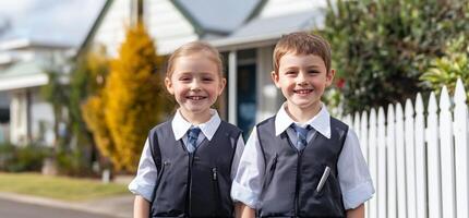 Two smiling children in uniforms stand in front of a house. photo