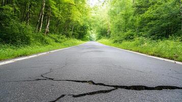 A cracked road surrounded by lush green trees in a serene environment. photo