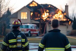 Firefighters respond to a house fire, battling flames and smoke. photo