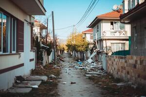 A narrow, debris-strewn path between houses under a clear blue sky. photo