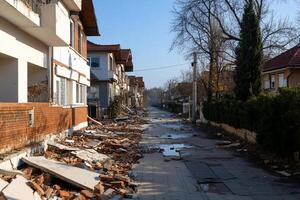 A street scene showing destruction from an earthquake. photo
