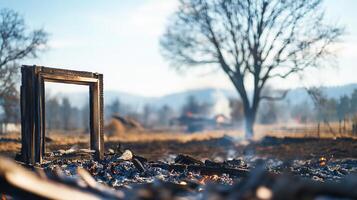 A burnt landscape with a charred frame and a solitary tree. photo