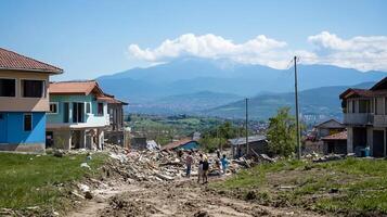 A view of a damaged area with people amidst reconstruction efforts. photo