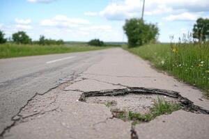 A cracked road with a pothole surrounded by greenery and blue skies. photo