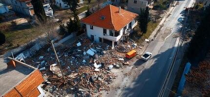 Aerial view of a damaged building after an earthquake. photo