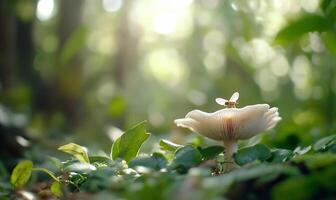 A close-up of a mushroom in a sunlit forest with a small insect. photo