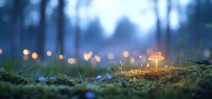 A mystical forest scene featuring glowing mushrooms and soft lighting. photo