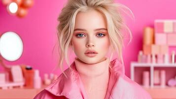 A stylish portrait of a model against a vibrant pink background. photo