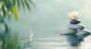 A serene scene with floating candle, stones, and a lotus flower. photo