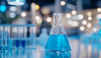 A laboratory setup featuring a blue liquid in a flask. photo