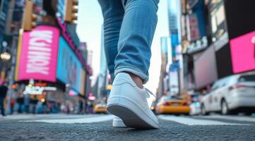 A person walking in Times Square, showcasing urban lifestyle and activity. photo