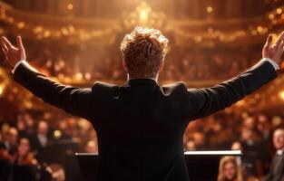 A conductor leads an orchestra in a grand performance. photo