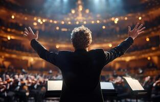 Conductor leading an orchestra in a grand theater setting. photo