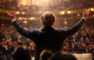 A conductor leads an orchestra, captivating an audience with music. photo