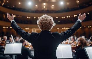 Conductor leading an orchestra in a grand performance setting. photo