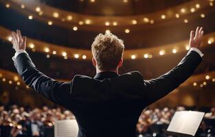 Conductor leading an orchestra in a grand performance. photo