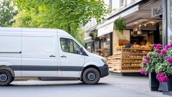 A delivery van parked near a bakery with flower pots. photo