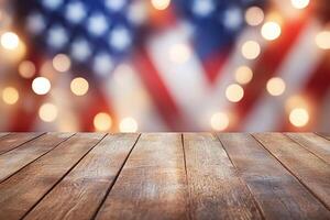 A wooden table with a blurred background of flags and lights. photo