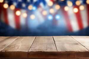 A wooden table with a blurred festive background of flags and lights. photo