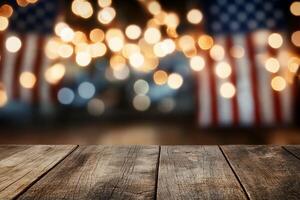 A blurred background with lights and American flags over a wooden table. photo