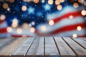 A wooden table with a blurred American flag background and bokeh lights. photo