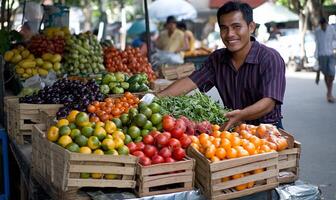 A vendor showcases a vibrant array of fresh fruits at a market. photo