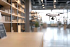 A drone hovers in a modern workspace with shelves in the background. photo