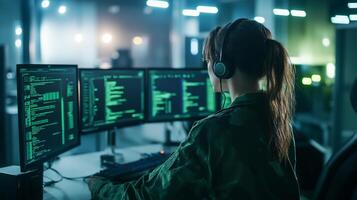 A person in a headset coding at multiple computer screens in a dark room. photo