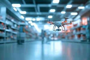 A drone hovering in an aisle of a modern retail space. photo