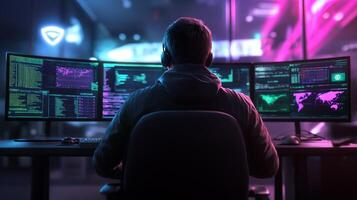 A person monitors multiple screens with data and maps in a tech environment. photo