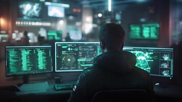 A person monitoring multiple screens displaying data and analytics. photo