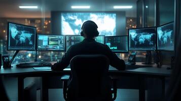A person monitoring multiple screens in a high-tech control room. photo