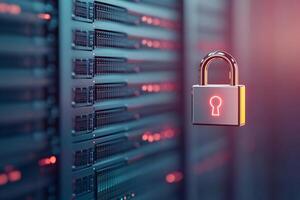 A digital padlock symbolizes data security in a server environment. photo