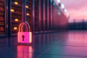 A digital padlock symbolizes data security in a server room. photo